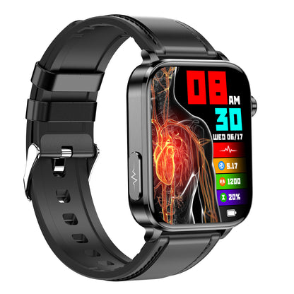 Bluetooth calling smart watch with black silicone strap, red medical heart watch face