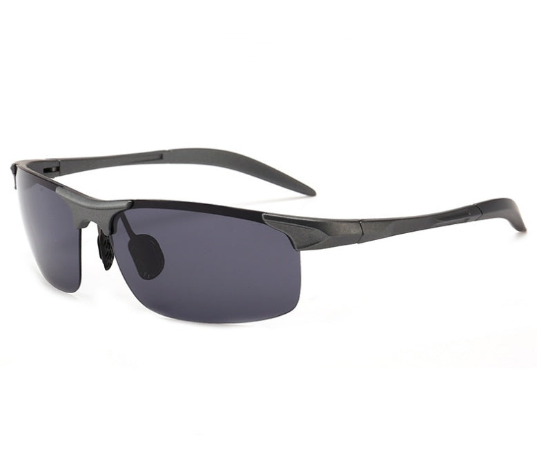 Black sunglasses with dark lenses on a white background