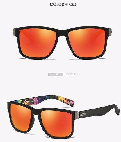 Men's polarized sunglasses with orange mirror lenses and black frame