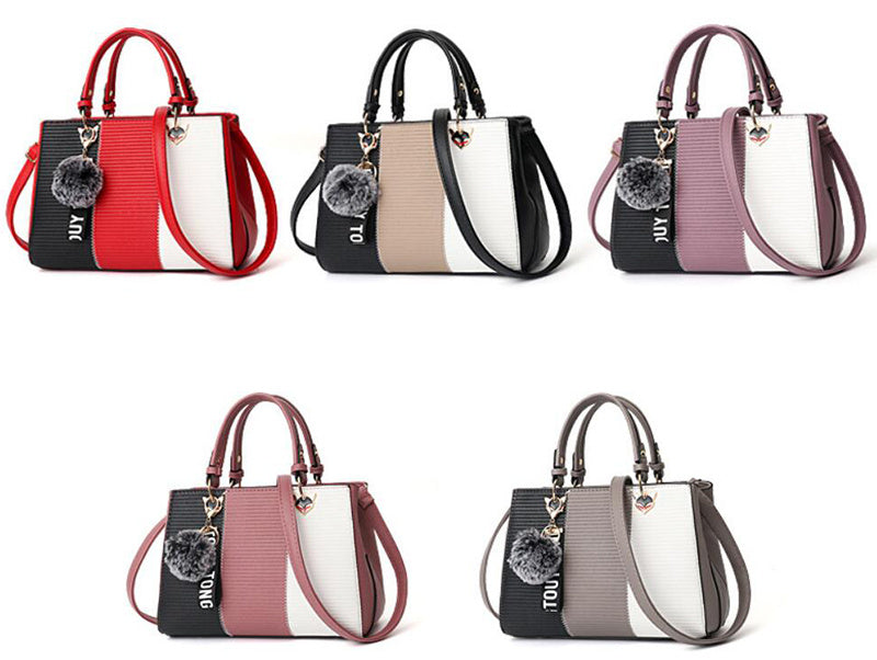 Five handbags in different color combinations on a white background