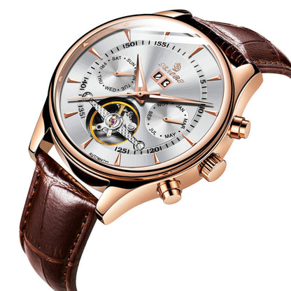 Men's waterproof skeleton mechanical watch with brown leather strap, rose-gold case, white skeleton dial