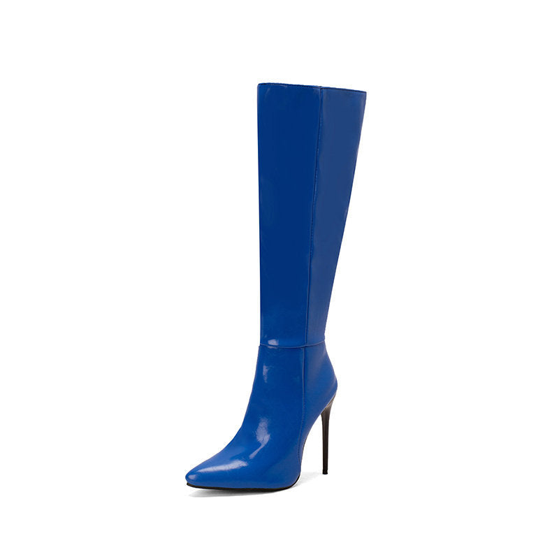 Blue knee-high boot on a white background
