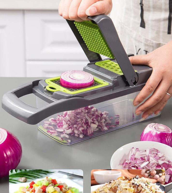 7-in-1 vegetable cutter with green grater plate dicing red onion in clear box