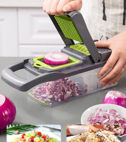 7-in-1 vegetable cutter with green grater plate dicing red onion in clear box