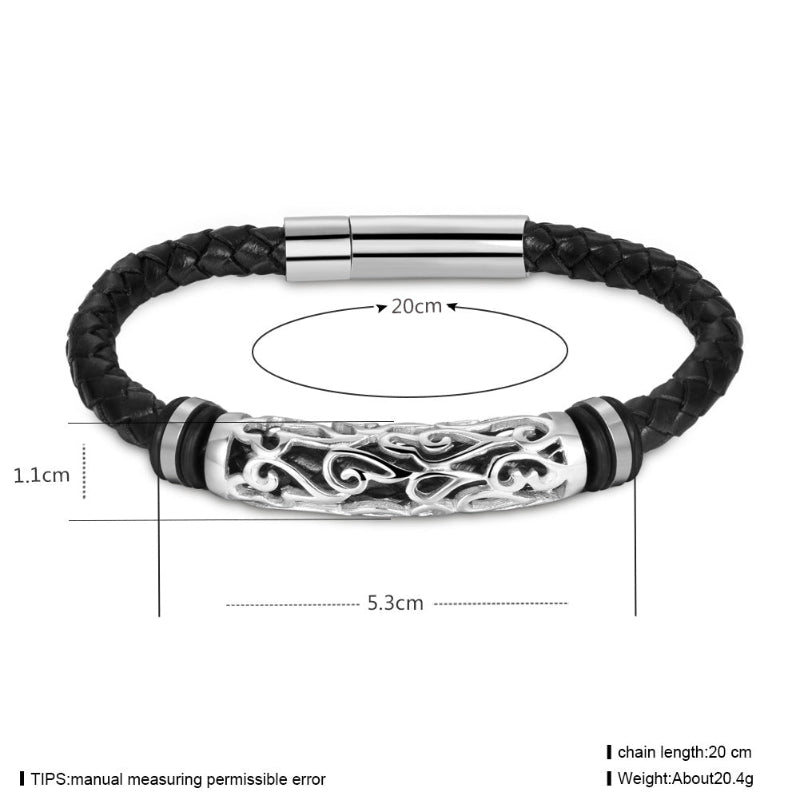 Black braided leather bracelet with silver clasp and decorative end, shown with measurements on a white background.