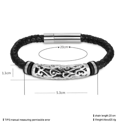 Black braided leather bracelet with silver clasp and decorative end, shown with measurements on a white background.