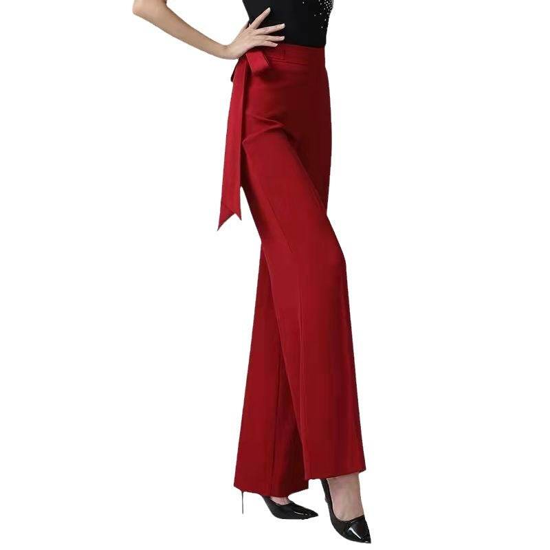 Ribbon Female Draping Effect Solid Color Straight-leg Pants - YAXSO