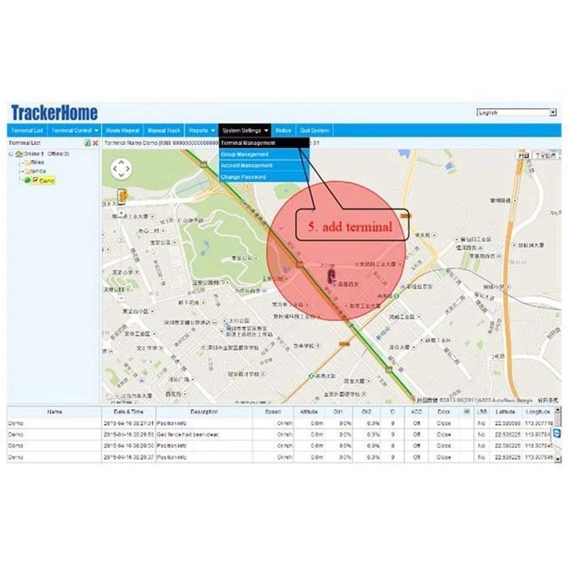 Software interface for TrackerHome with a map and red circle indicating location.