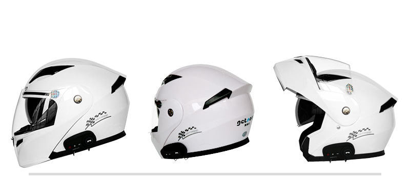 Three white motorcycle helmets with black accents. YAXSO UAE ONLINE STORE