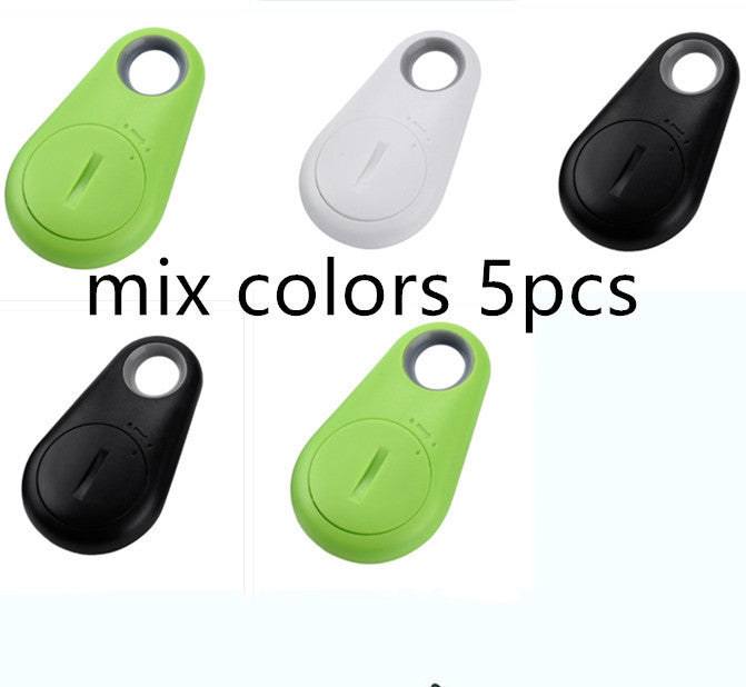 Five wireless device trackers in green, white, and black on a white background with text 'mix colors 5pcs'.