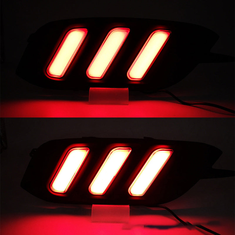 Two views of a red LED light bar on a dark background