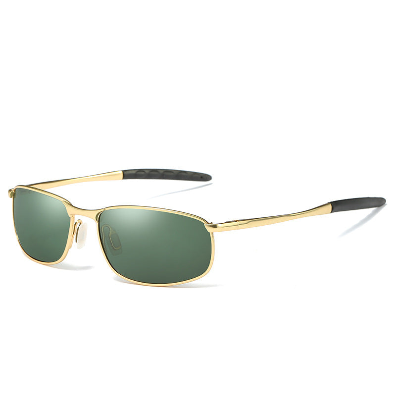 Gold-framed sunglasses with green lenses on a white background