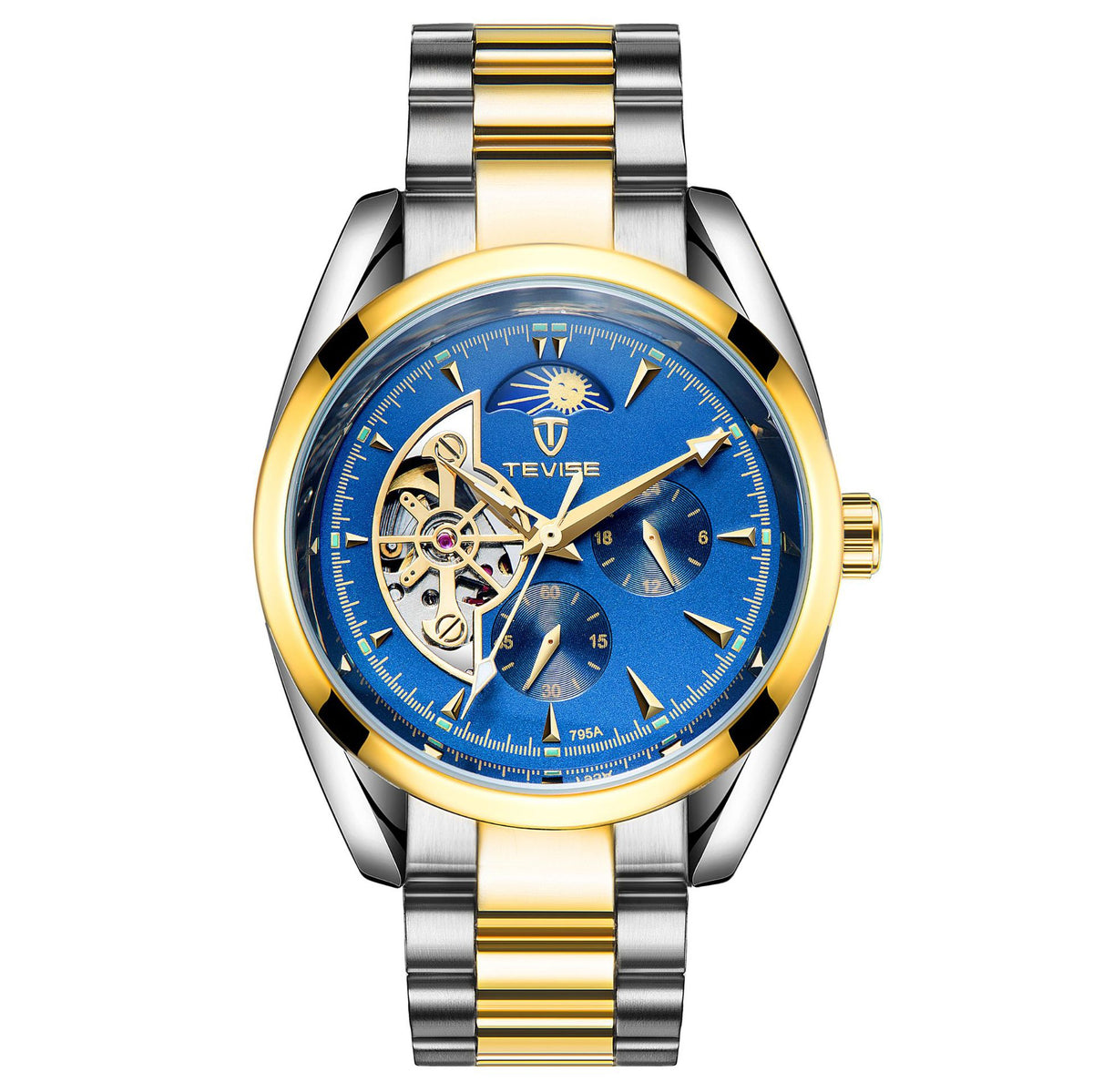 Two-tone mechanical tourbillon watch with blue dial, gold accents, and metal link bracelet