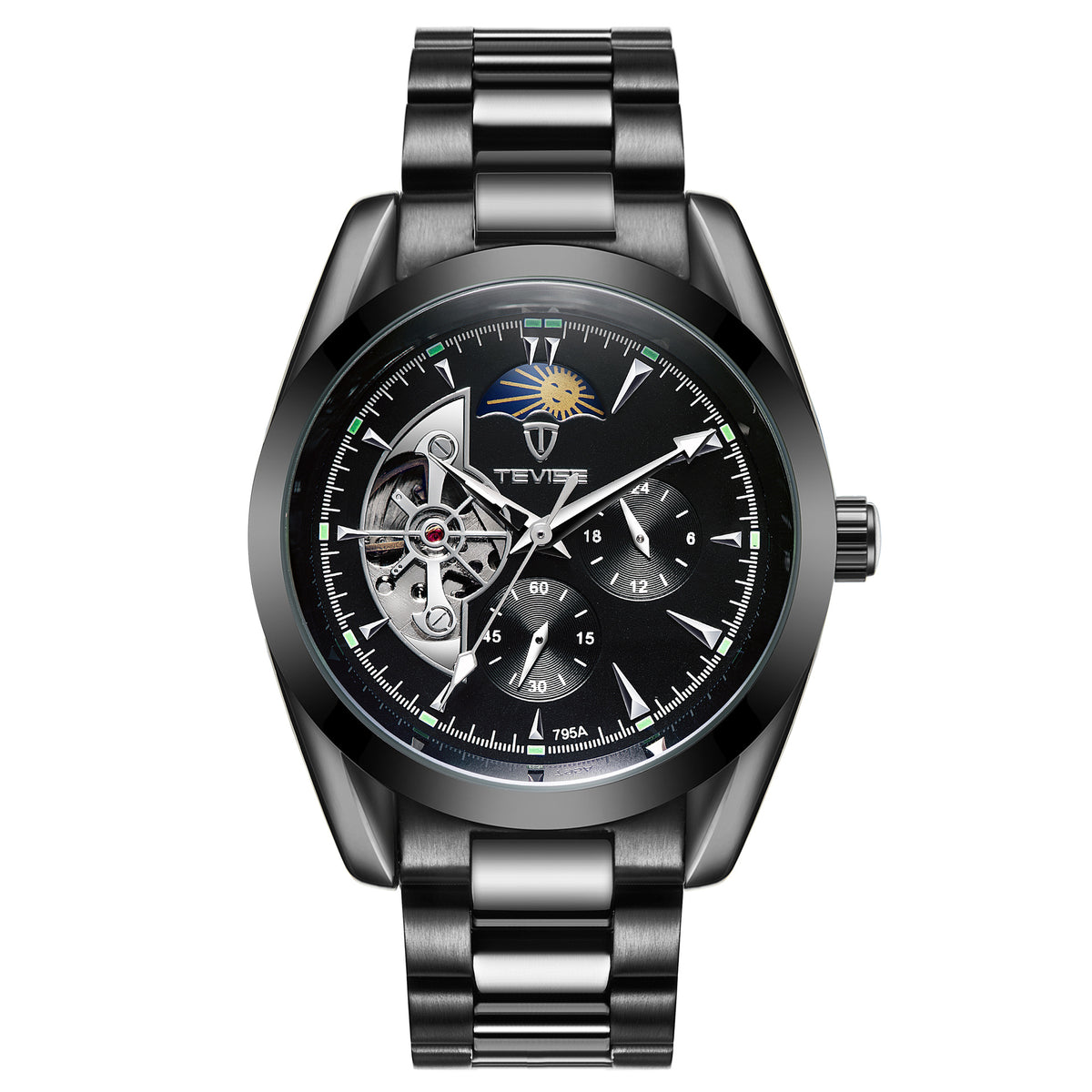Black mechanical tourbillon watch with black dial and black metal link bracelet