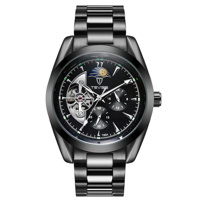Black mechanical tourbillon watch with black dial and black metal link bracelet