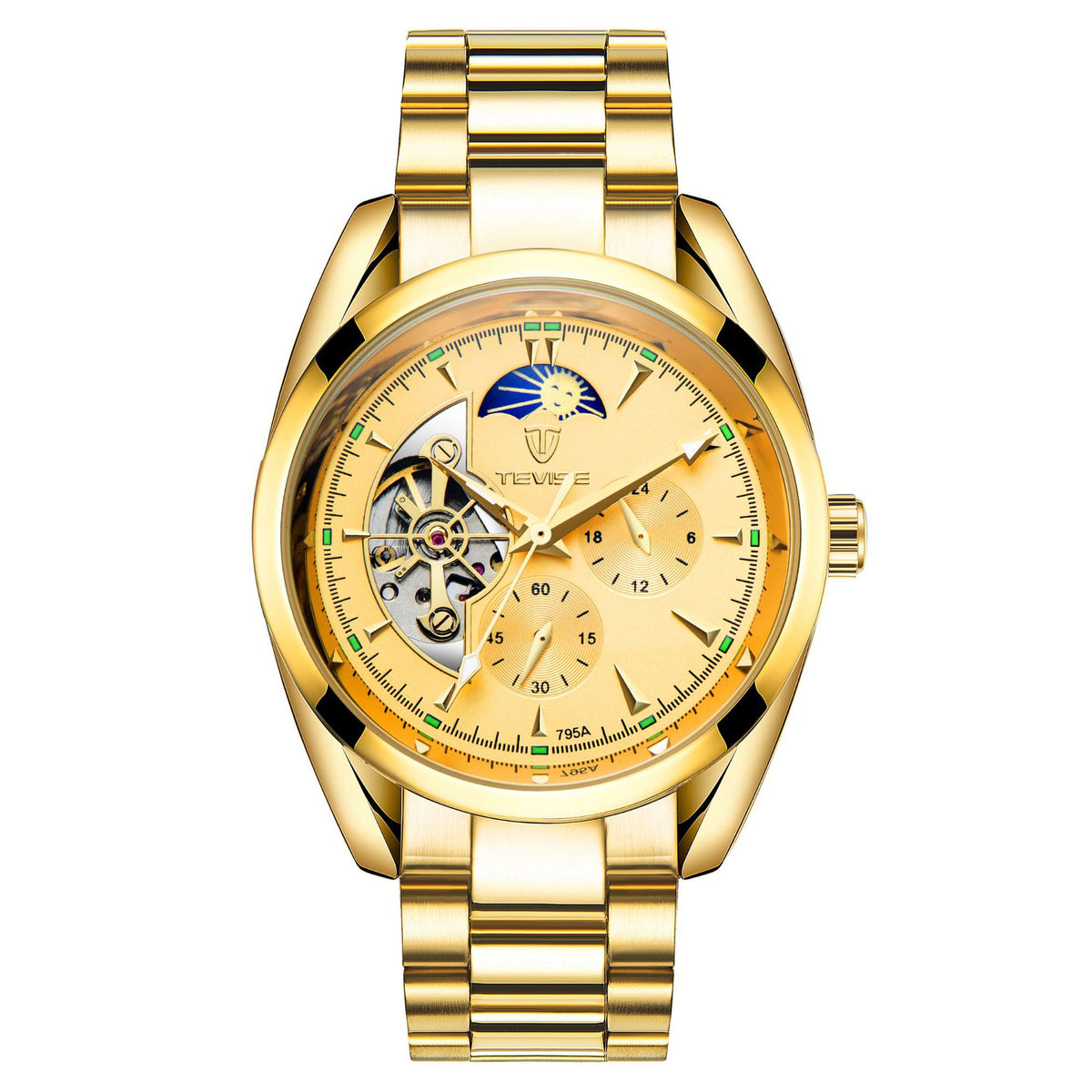 Gold mechanical tourbillon watch with cream dial, gold bezel, and matching metal bracelet
