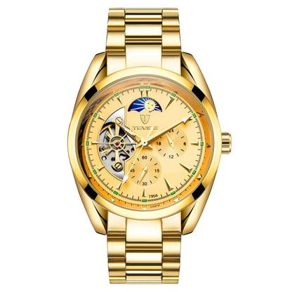 Gold mechanical tourbillon watch with cream dial, gold bezel, and matching metal bracelet