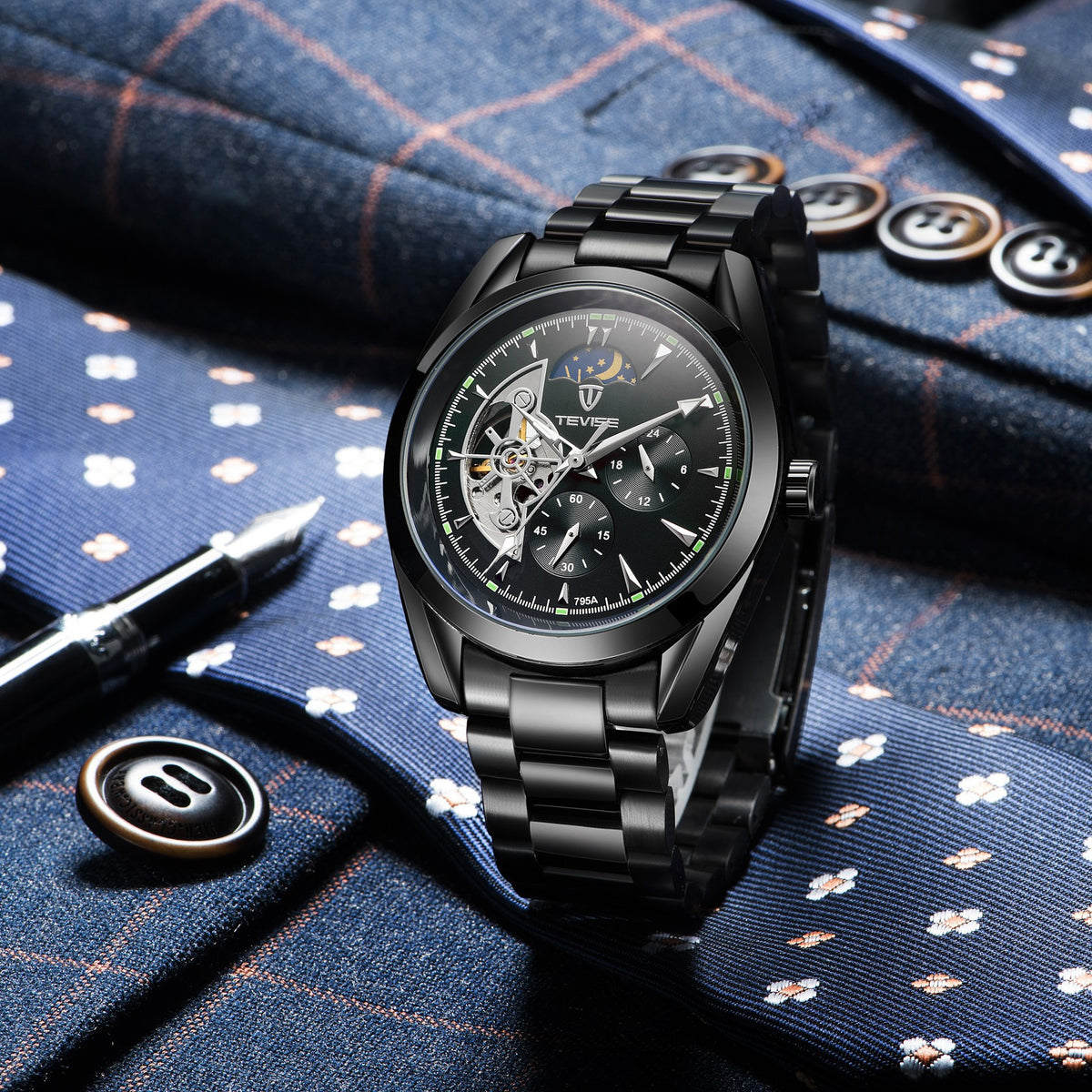 Black mechanical tourbillon watch with black dial and black metal link bracelet