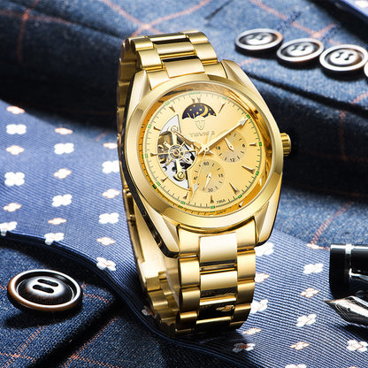 Gold mechanical tourbillon watch with champagne dial and gold metal link bracelet