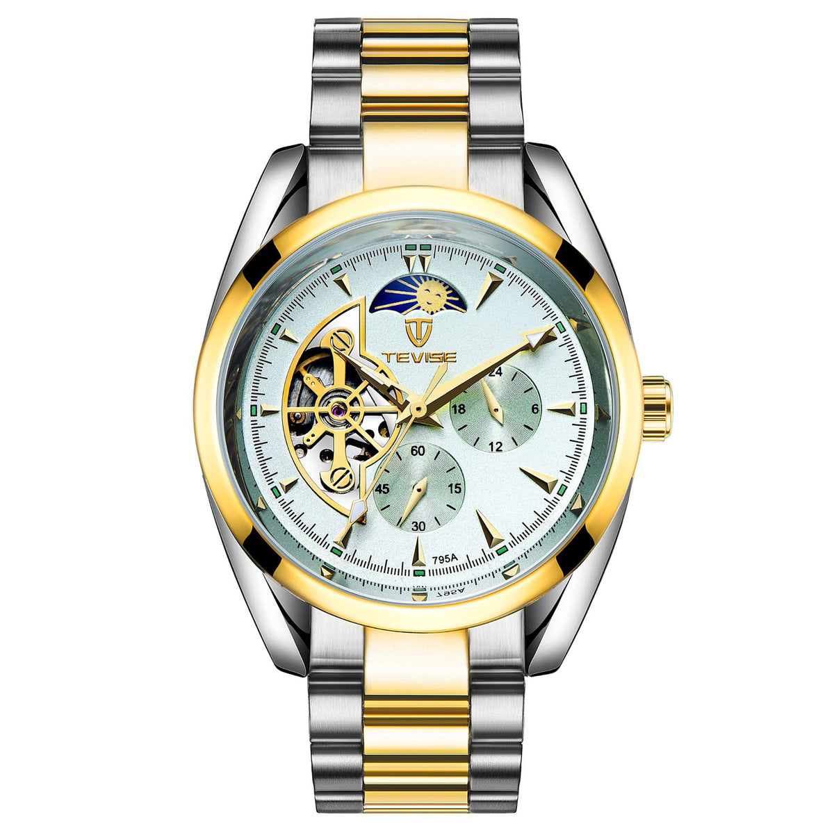 Two-tone mechanical tourbillon watch with gold bezel, white dial, and metal bracelet