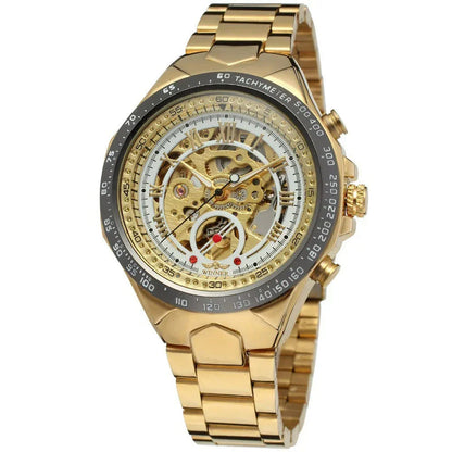 Gold automatic mechanical steel watch with skeleton dial and black tachymeter bezel, metal link band