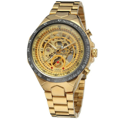Gold automatic mechanical steel watch with skeleton dial, black tachymeter bezel, metal bracelet
