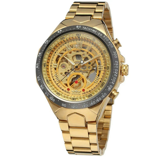 Gold automatic mechanical steel watch with skeleton dial, black tachymeter bezel, metal bracelet