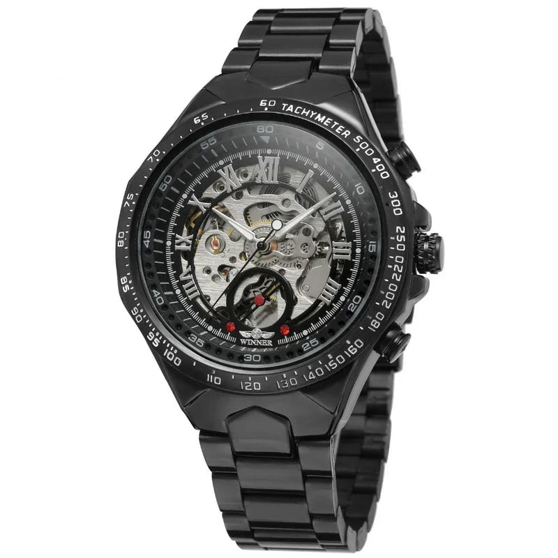 Black automatic mechanical steel watch with skeleton dial, silver inner ring, metal bracelet