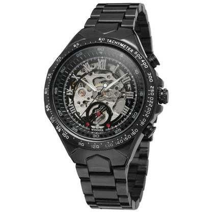 Black automatic mechanical steel watch with skeleton dial, silver inner ring, metal bracelet