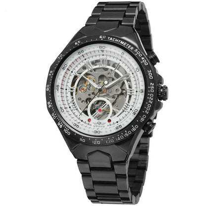 Black automatic mechanical steel watch with skeleton dial, tachymeter bezel, metal link band