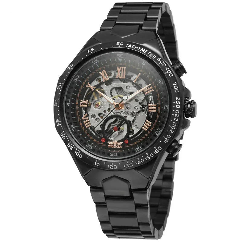 Black automatic mechanical steel watch with skeleton dial and tachymeter bezel, metal bracelet