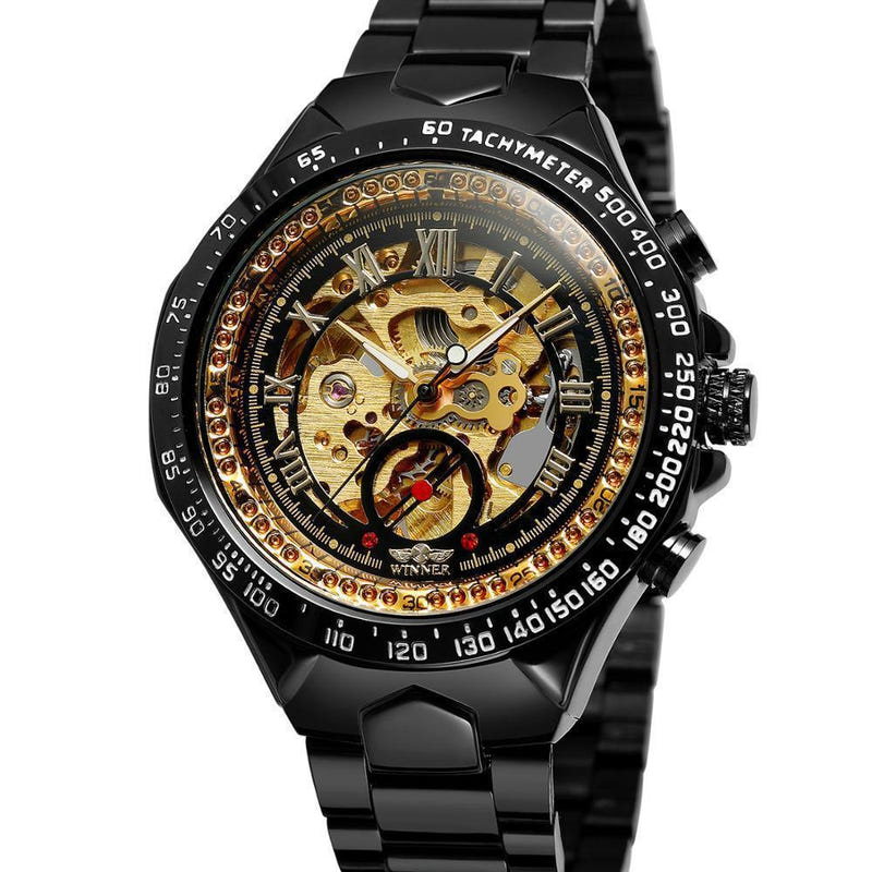 Black automatic mechanical steel watch with skeleton dial and tachymeter bezel, metal link band