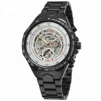 Automatic mechanical steel watch with black dial and dark metal bracelet