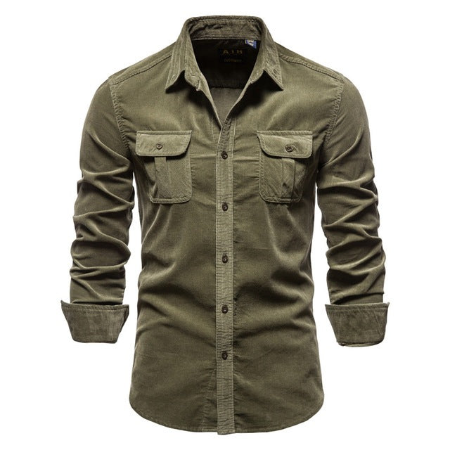 Men's long-sleeve button-up shirt in olive green with two chest flap pockets.