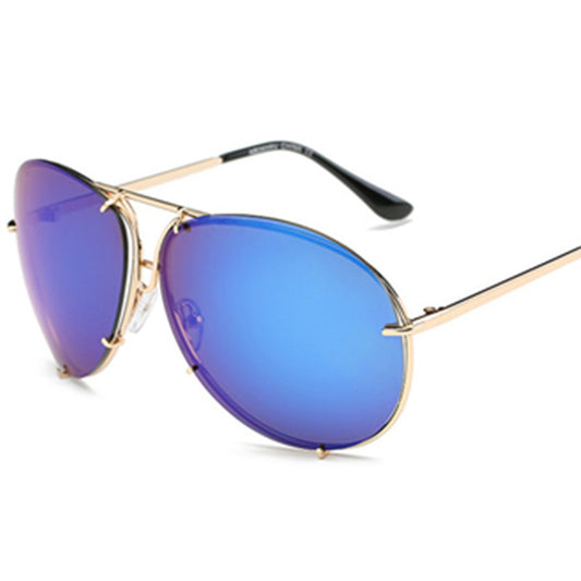 Sunglasses with blue lenses and gold frame on a white background