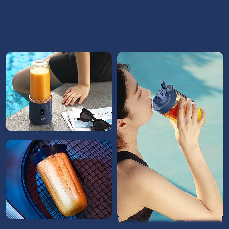 Collage of a portable blender with a smoothie, a person using it by a pool, and another person drinking from the blender.