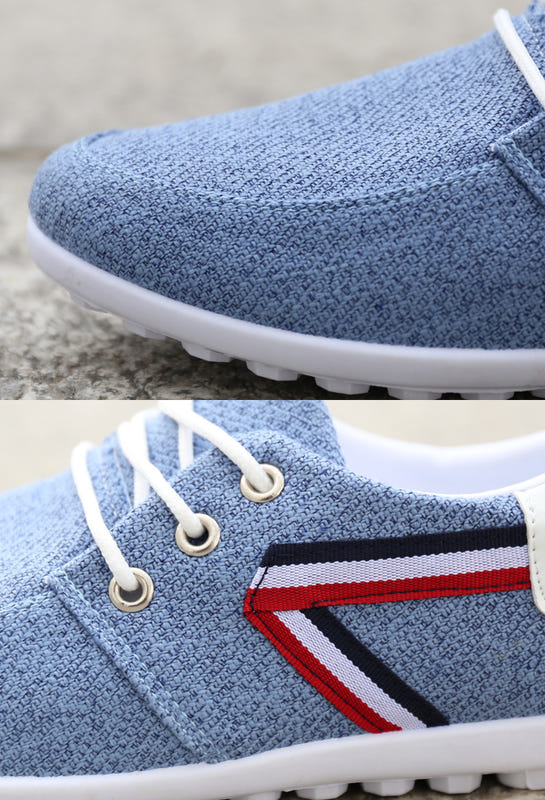 Blue canvas lace-up shoes with striped side panel, white rubber sole