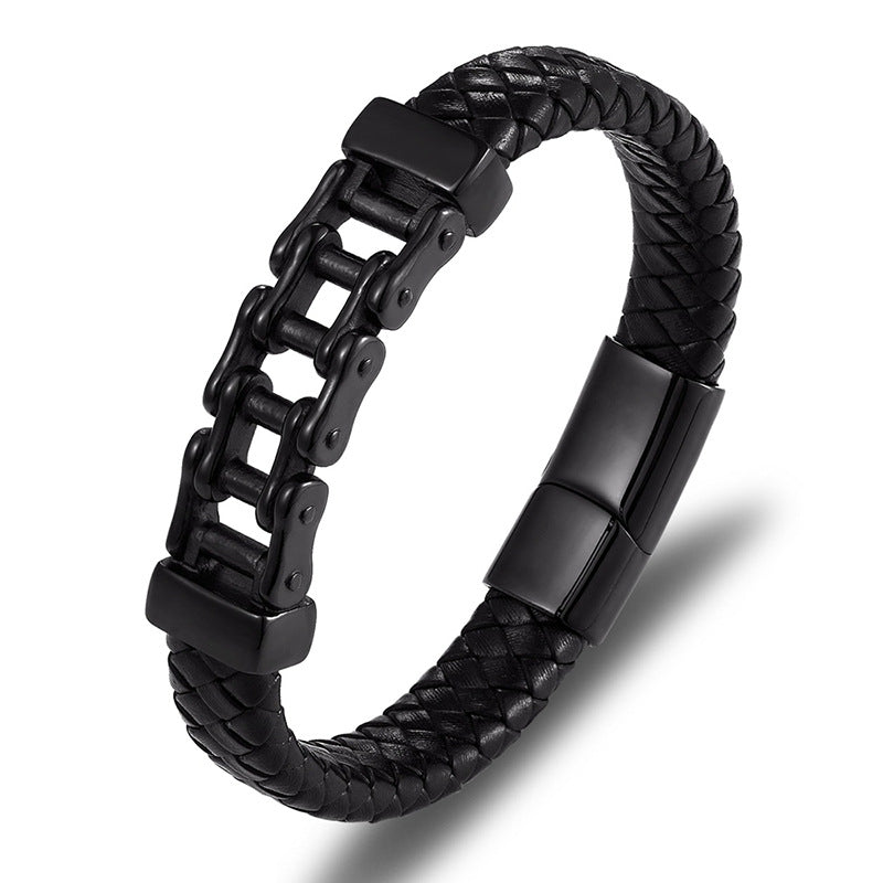 Black braided leather bracelet with metal links on a white background