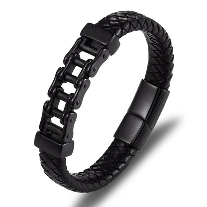 Black braided leather bracelet with metal links on a white background