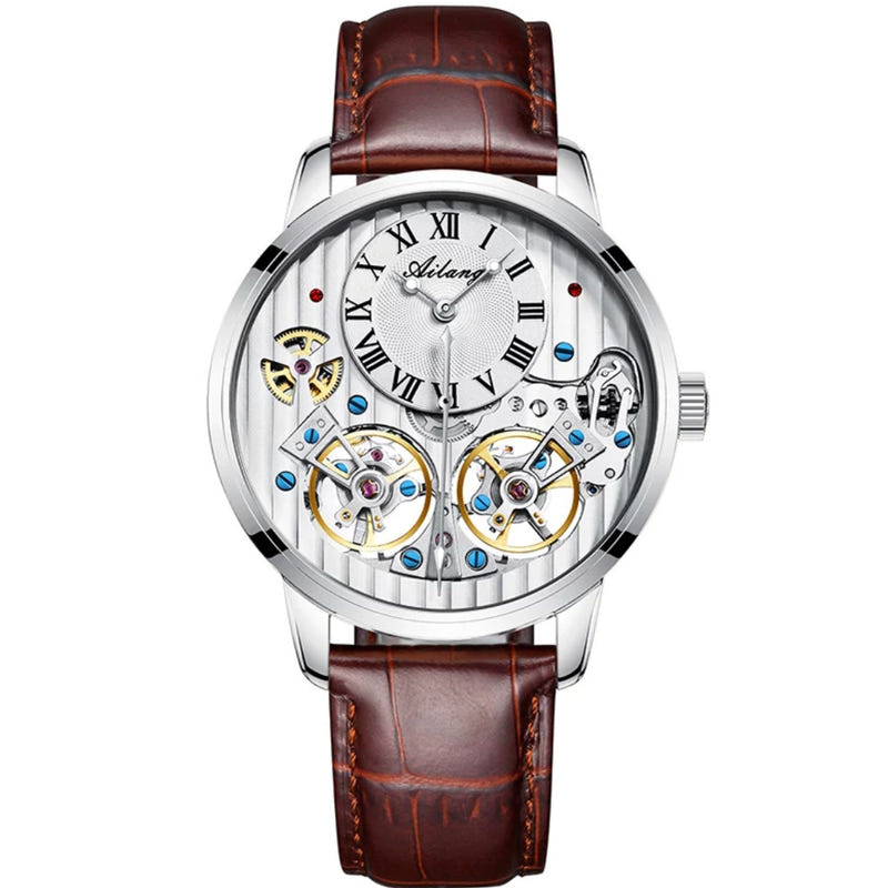 Automatic mechanical watch with silver case, black dial, and brown leather strap.