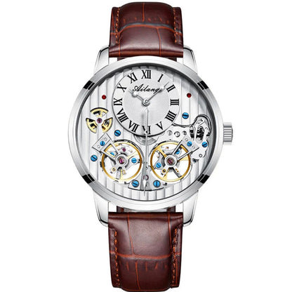 Automatic mechanical watch with silver case, black dial, and brown leather strap.