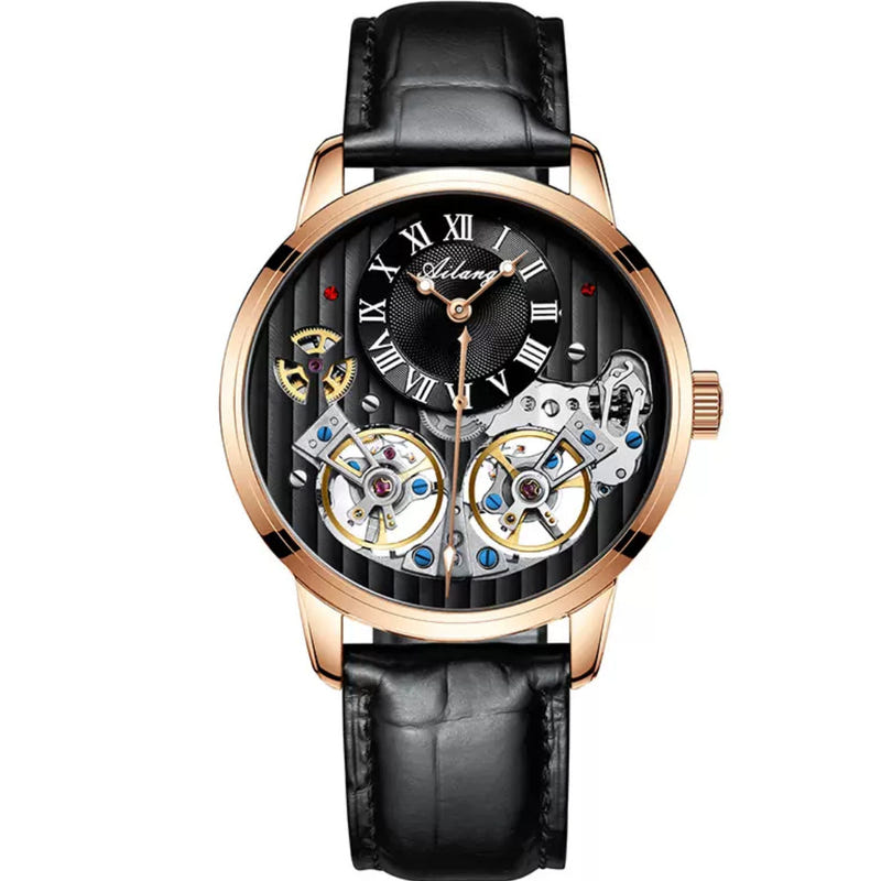 Automatic mechanical watch with rose-gold bezel, black dial, and black leather strap.