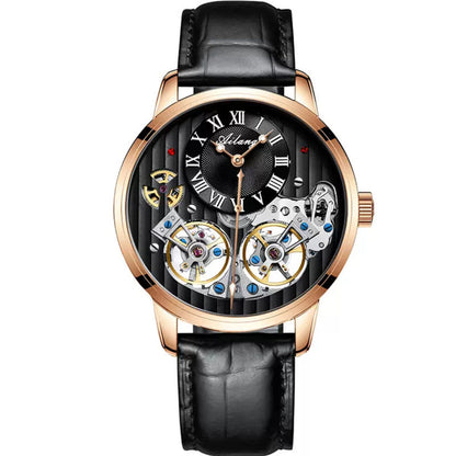 Automatic mechanical watch with rose-gold bezel, black dial, and black leather strap.