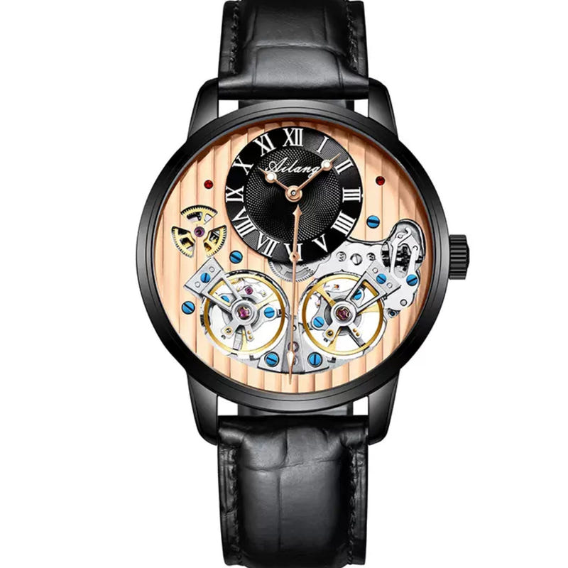 Automatic mechanical watch with black case, black dial, and black leather strap.