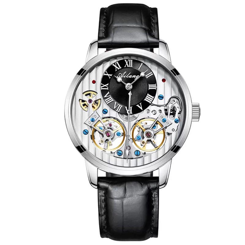 Automatic mechanical watch with silver case, black dial, and black leather strap.