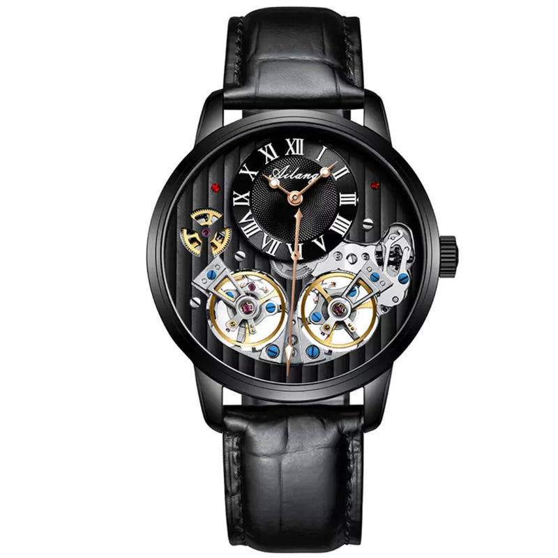 Automatic mechanical watch with black case, black dial, and black leather strap.