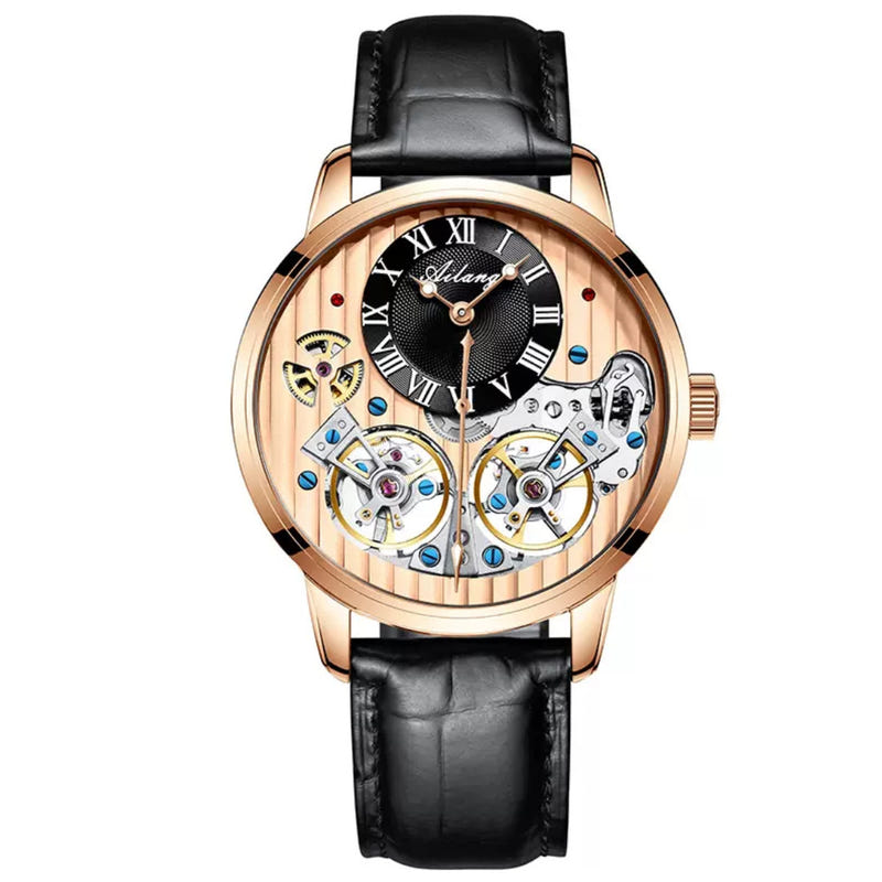 Automatic mechanical watch with rose-gold case, black dial, and black leather strap.
