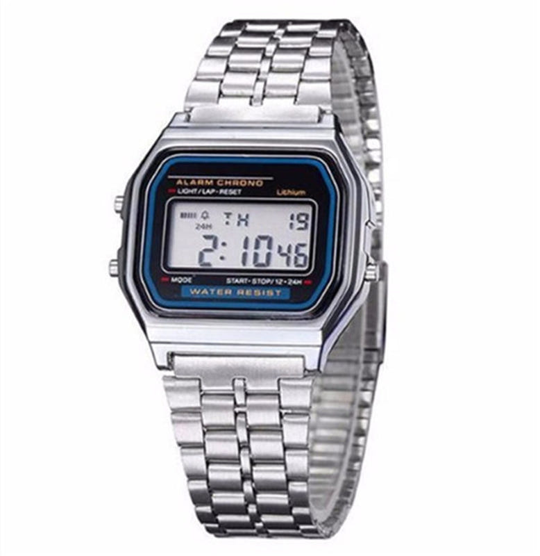 Digital electronic watch with silver metal link bracelet, blue-bordered screen.
