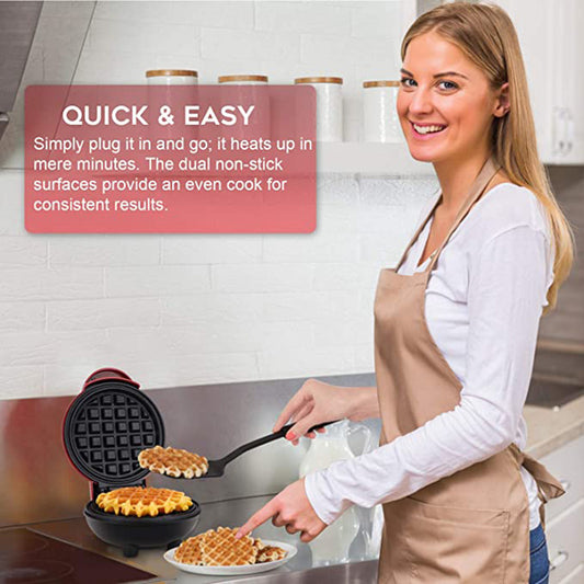 Woman in a kitchen making waffles with a waffle maker, text about quick and easy use.