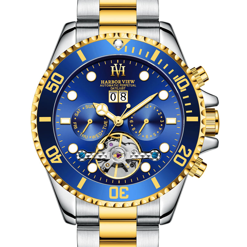 Men's tourbillon automatic watch with blue dial, gold bezel, and two-tone gold center links